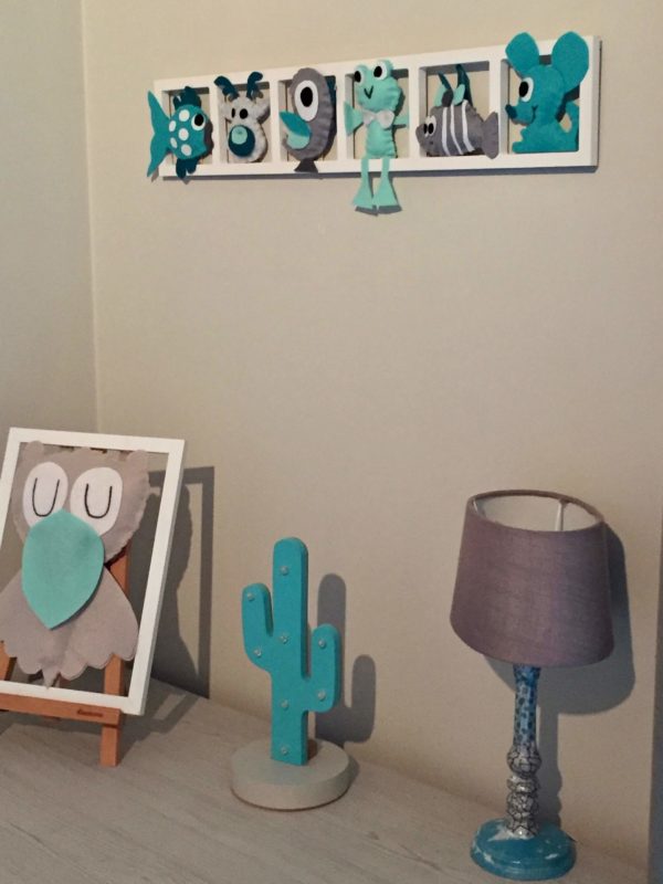 decoration murale chambre enfant turquoise gris figurines feutrine