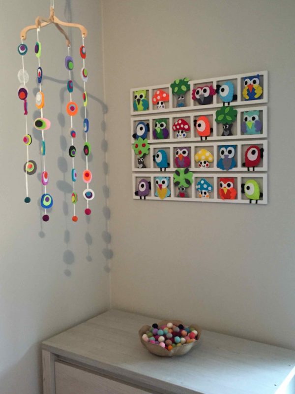 Cadre deco murale chambre enfant multicolore hiboux oiseaux